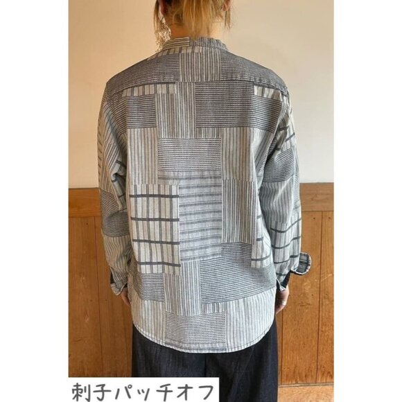 BlueTrick Okayama Stand Collar Shirt with Sashiko Patch Sz M Japan Shacket - Picture 3 of 13